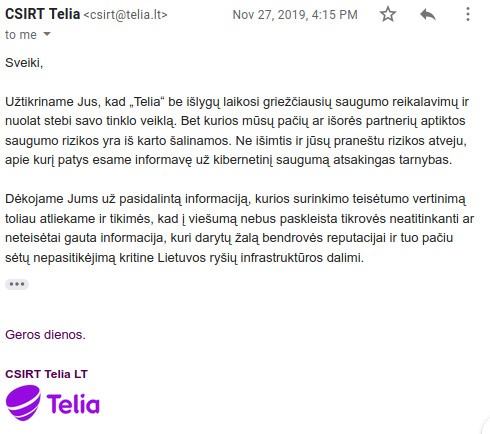 Telia CSIRT email confirmation