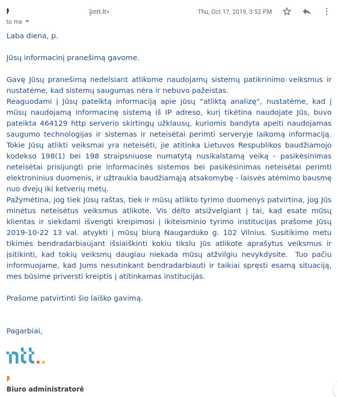 NTT threatens the researcher